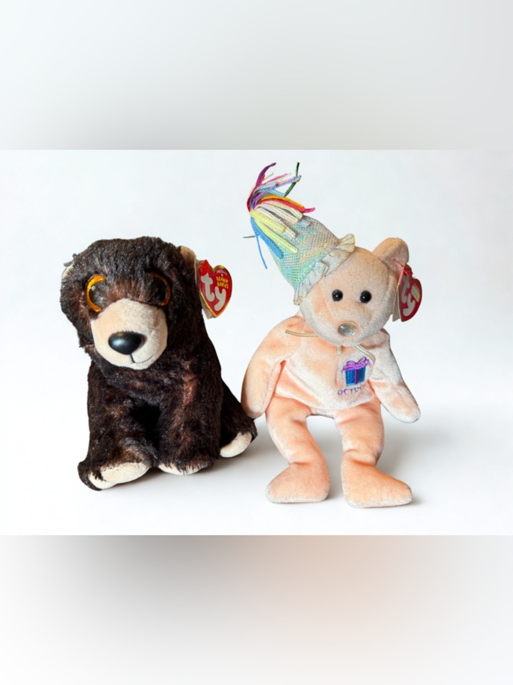 Ty Plush Pair - Brown Bear & Peach Birthday Bear with Party Hat